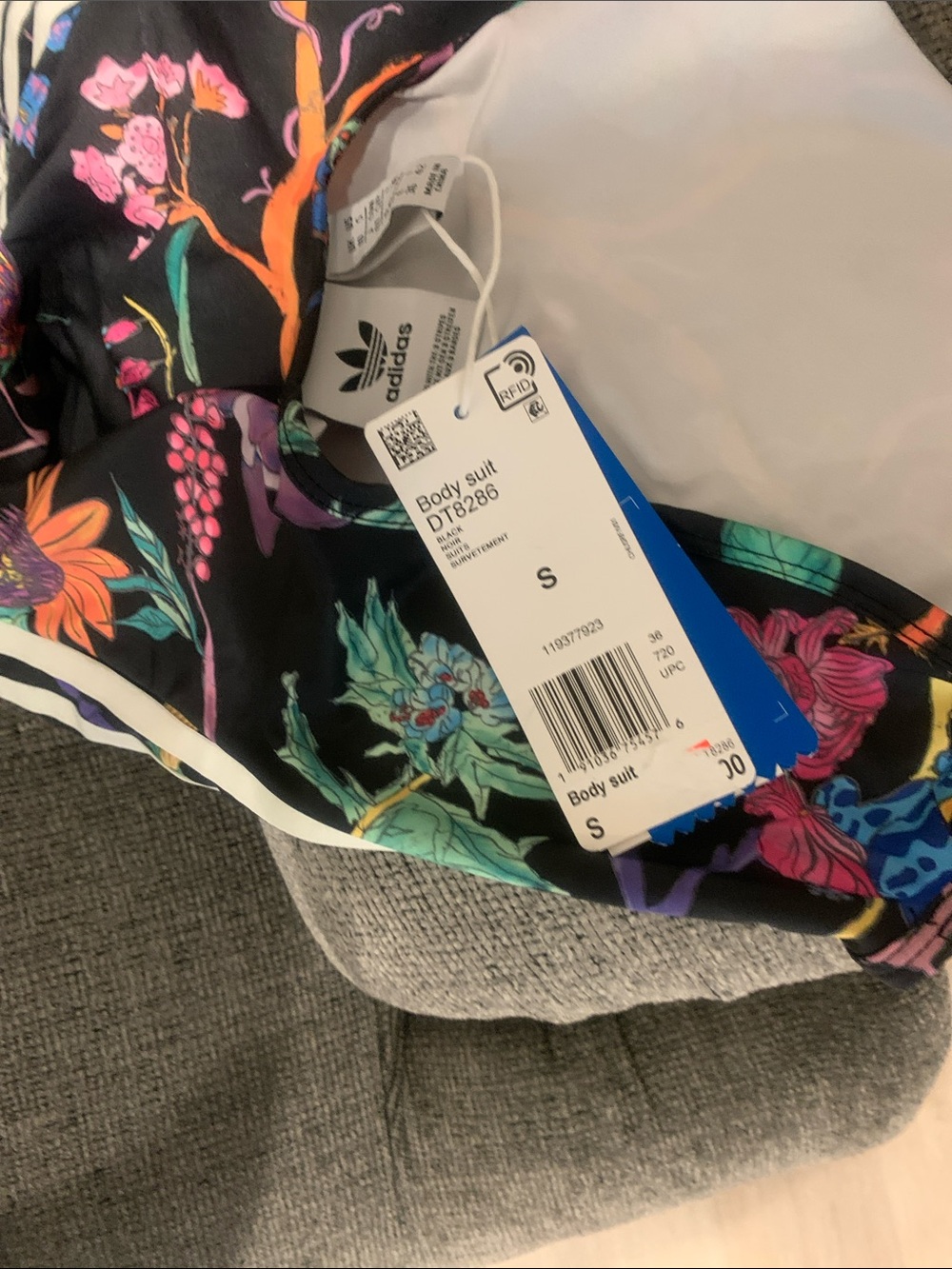 **NWT**adidas Black Floral Print  sexy body suit with White Piping - Picture 2 of 5